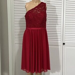 David's Bridal One-Shoulder Lace Bodice Wine Red Cocktail Dress